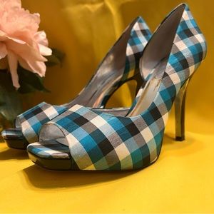 Jessica Simpson Blue/Black/Gray/White Plaid Open Toe Heels